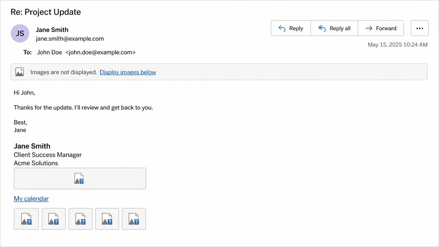 Email client showing a signature with images blocked: grey broken-image placeholders where the booking button and social icons should be, while the plain-text "My calendar" link still renders normally
