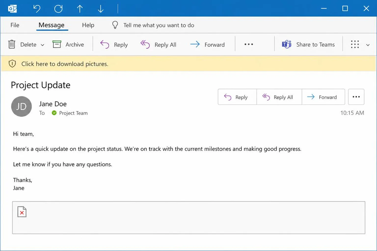 An Outlook message window with a yellow security bar reading "Click here to download pictures", and an empty grey bordered rectangle at the bottom of the message where the entire signature should appear, showing no name, title or contact details.