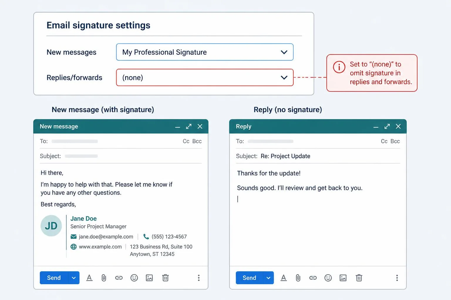 An email signature settings panel with New messages set to a signature and Replies/forwards set to none, above two message previews showing a signature on a new message and no signature on a reply
