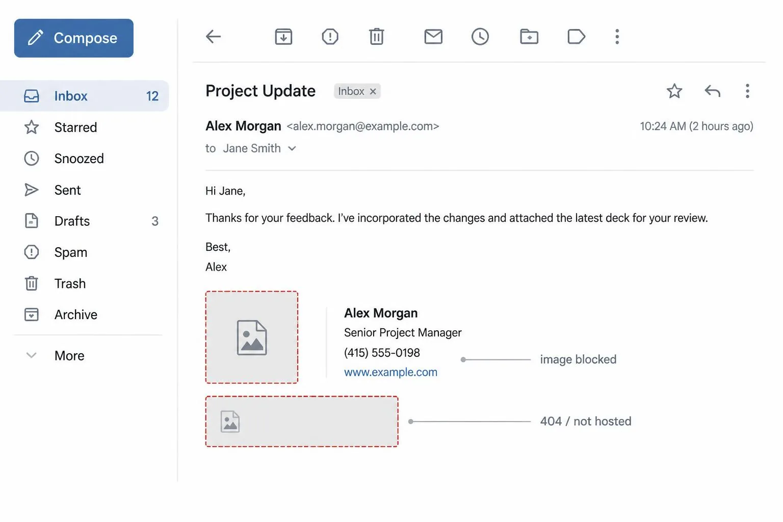 Email client showing a signature where the logo and headshot are replaced by grey broken-image placeholders with red outlines, labelled image blocked and 404 not hosted, while the name, job title, phone and website text render normally