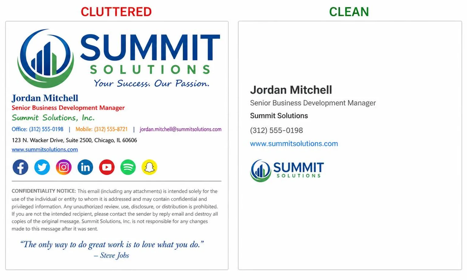 Two email signatures side by side. The left, labeled cluttered, has an oversized logo, seven colorful social icons, three fonts, a long legal disclaimer and an inspirational quote. The right, labeled clean, has four lines of text, one phone number, one link and a small logo