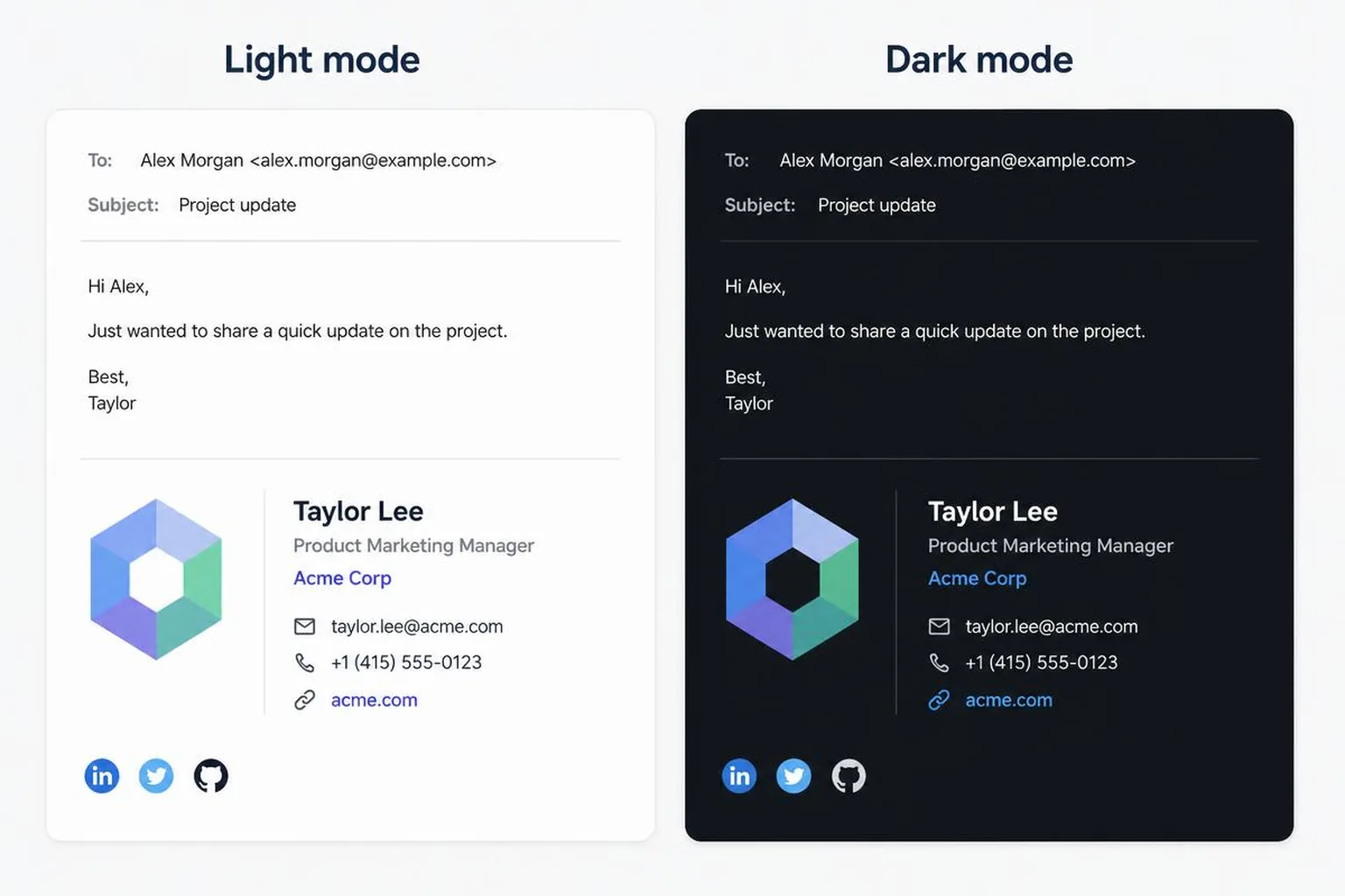 Two panels comparing the same email signature in light mode and dark mode. The light panel shows dark text on white; the dark panel shows the message inverted to light text on near-black, with the transparent logo still clearly legible against the dark background