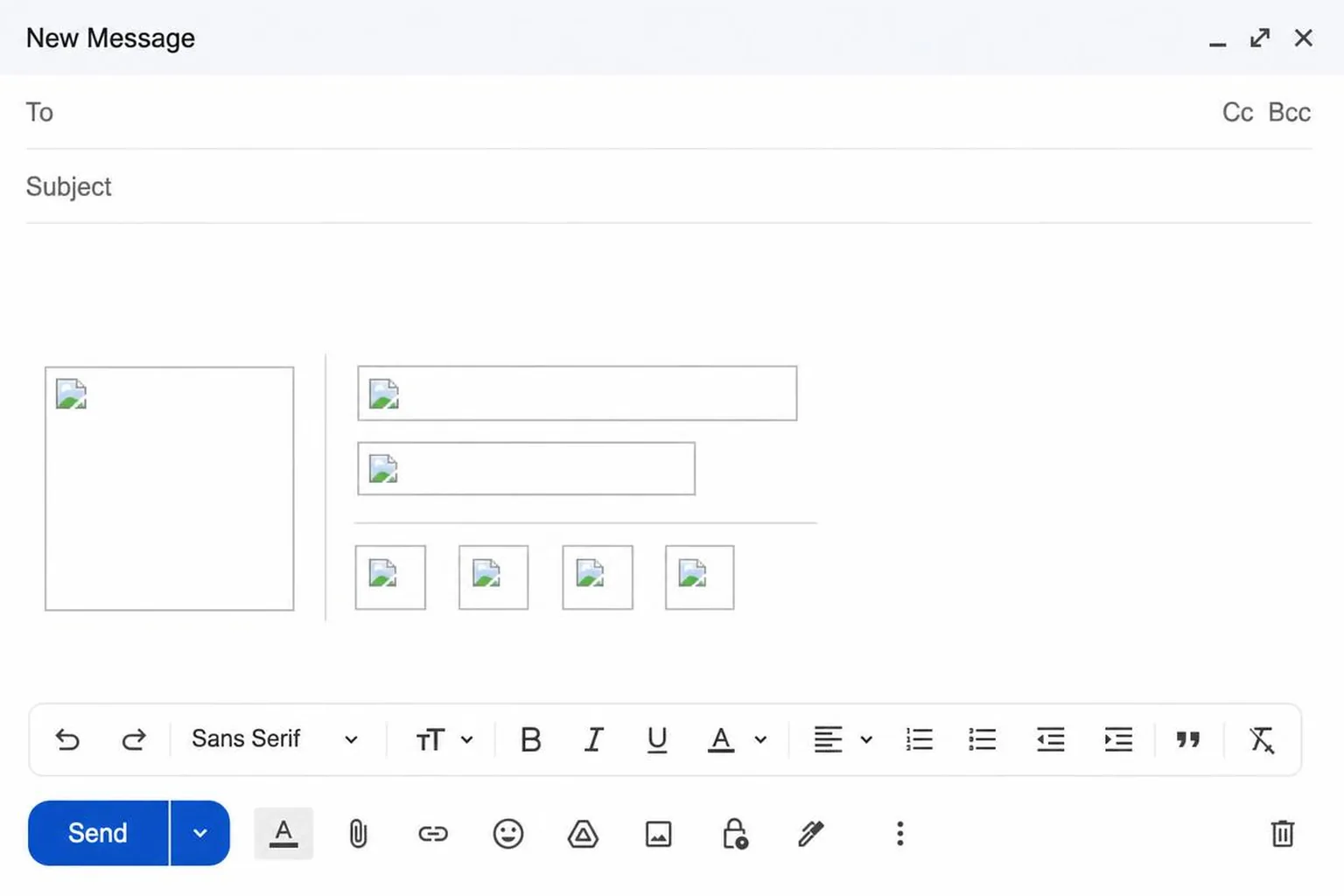 An email compose window showing a signature rendered with images blocked: grey broken-image placeholders where the logo, name block, and social icons should be, leaving no readable contact details at all